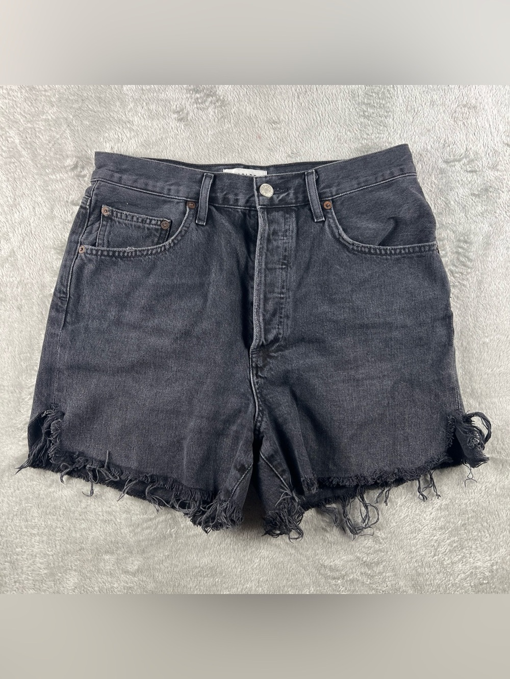 AGOLDE Distressed Black Denim Dee Shorts Size 28 High Rise Raw Hem